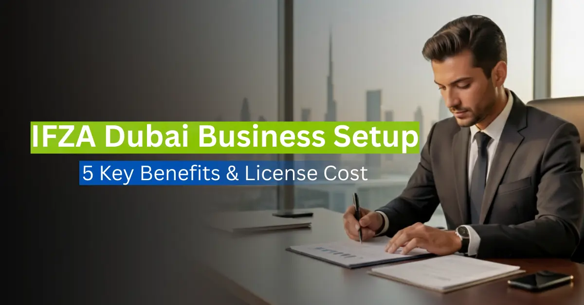 A professional businessman in a modern Dubai office reviews and signs business documents at a desk, with a city skyline visible through large glass windows, illustrating IFZA Dubai business setup and corporate planning.