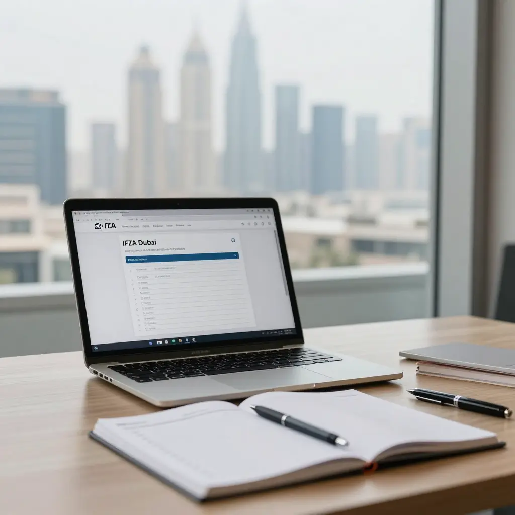 A professional businessman in a dark suit signing documents at a desk in a high-rise office with a blurred view of the Burj Khalifa and Dubai skyline in the background.