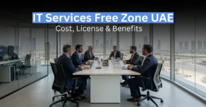 Modern IT services company setup in UAE free zone office with Dubai skyline background.