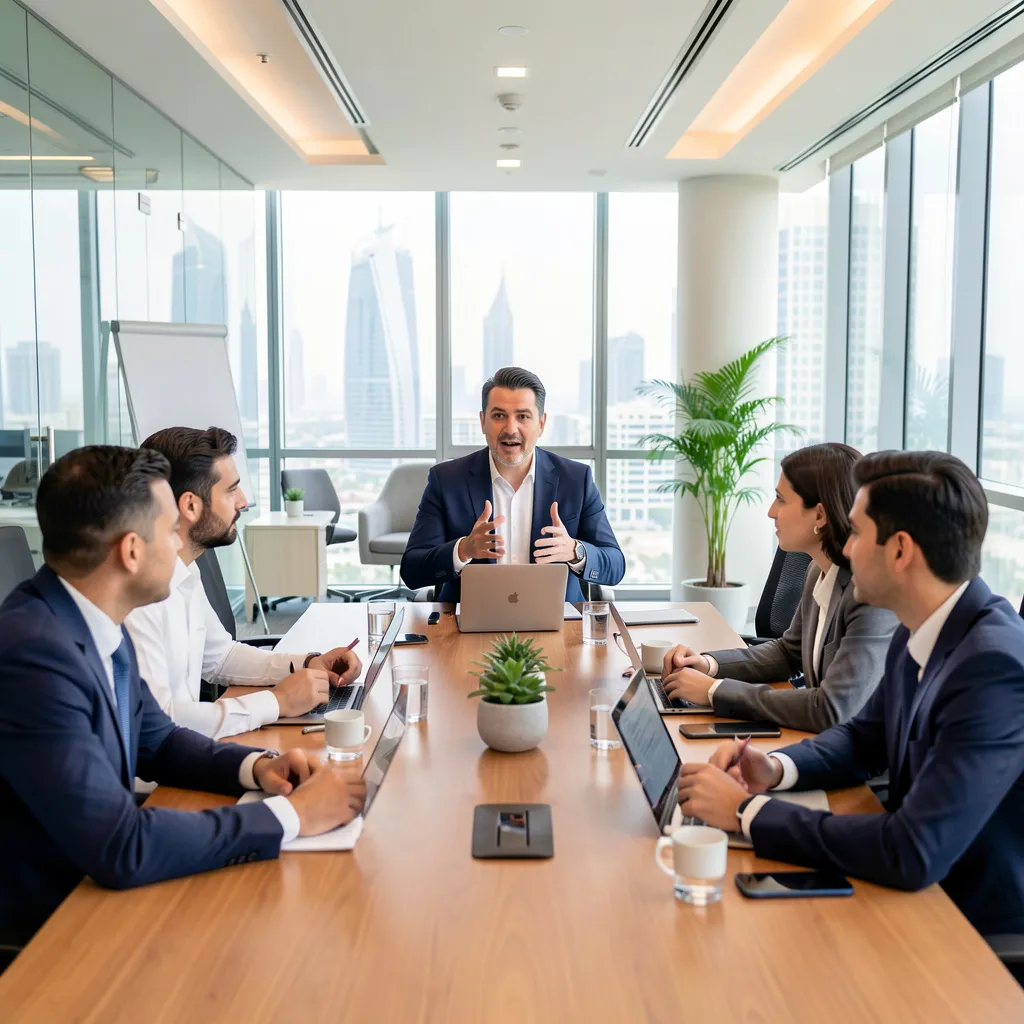 Business professionals collaborating in a modern UAE office, representing innovation, startups, and future investment opportunities in the Emirates.