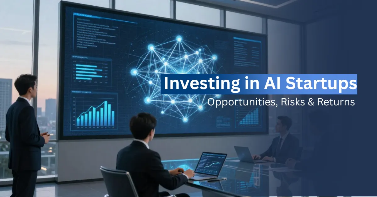 Investors analyzing AI startup growth opportunities in a modern corporate office.