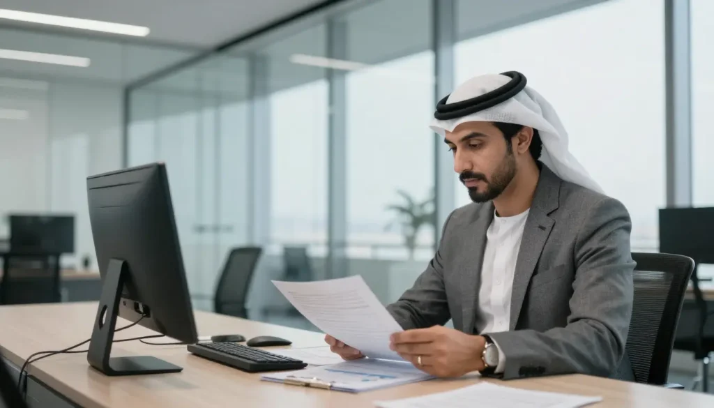 Business investor reviewing documents in UAE office representing Golden Visa eligibility.