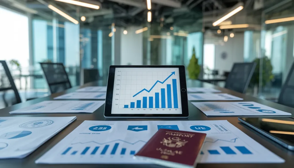 Investment meeting setup in modern UAE office with readable text about Golden Visa eligibility for investors and professionals.