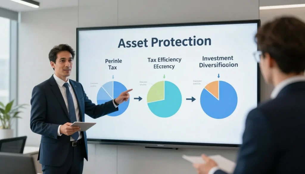 Financial advisor explaining asset protection and tax benefits in Dubai corporate office.