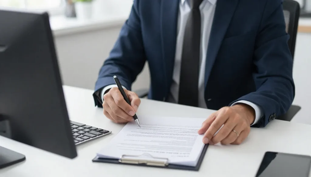 Business professional reviewing free zone LLC incorporation documents.