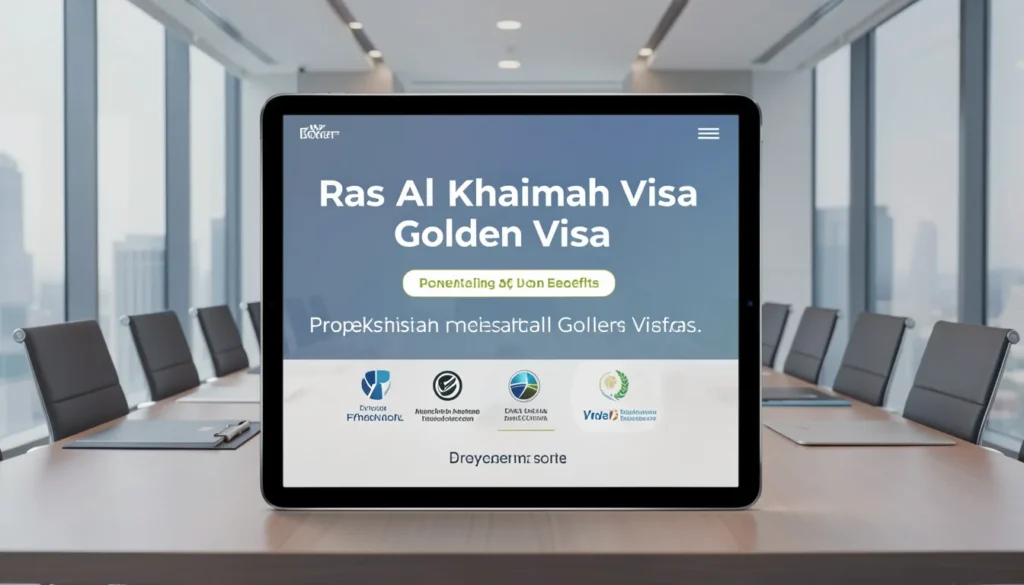 Business professional presenting RAK Golden Visa advantages in office.