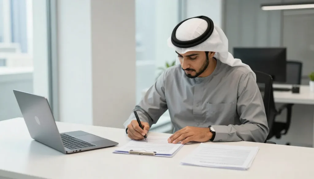 Entrepreneur signing DMCC company formation documents in Dubai office.