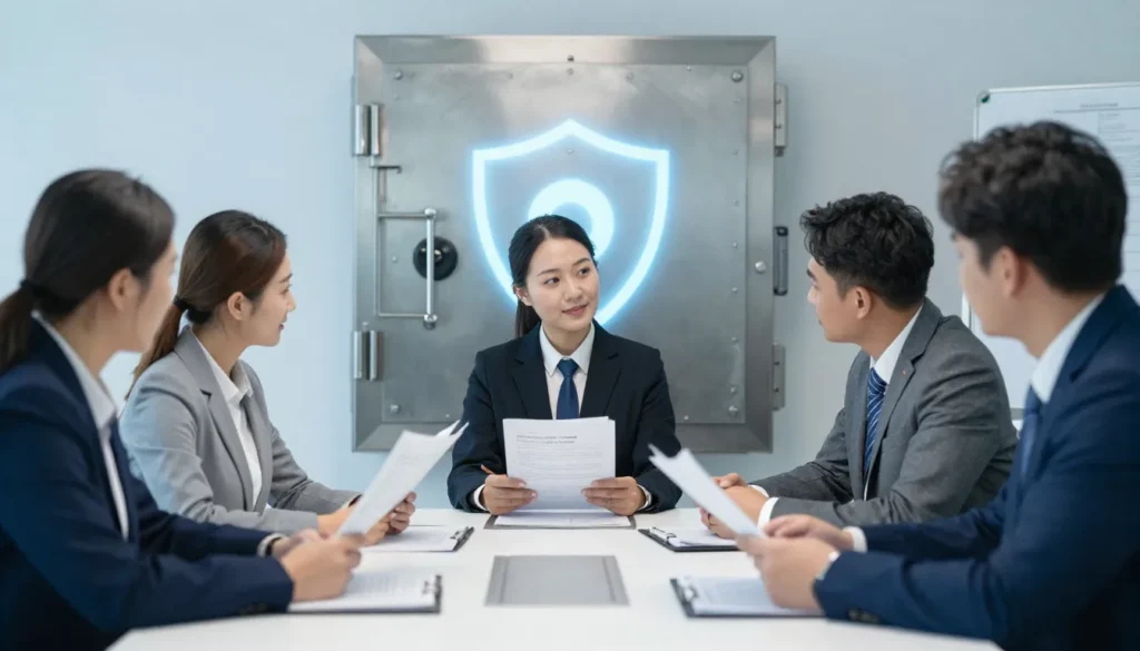 Business professionals discussing asset protection and succession planning strategy.