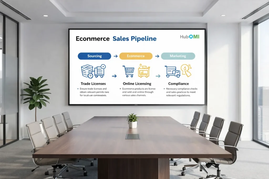 Boardroom infographic displaying e-commerce setup steps and compliance information in a professional business setting.