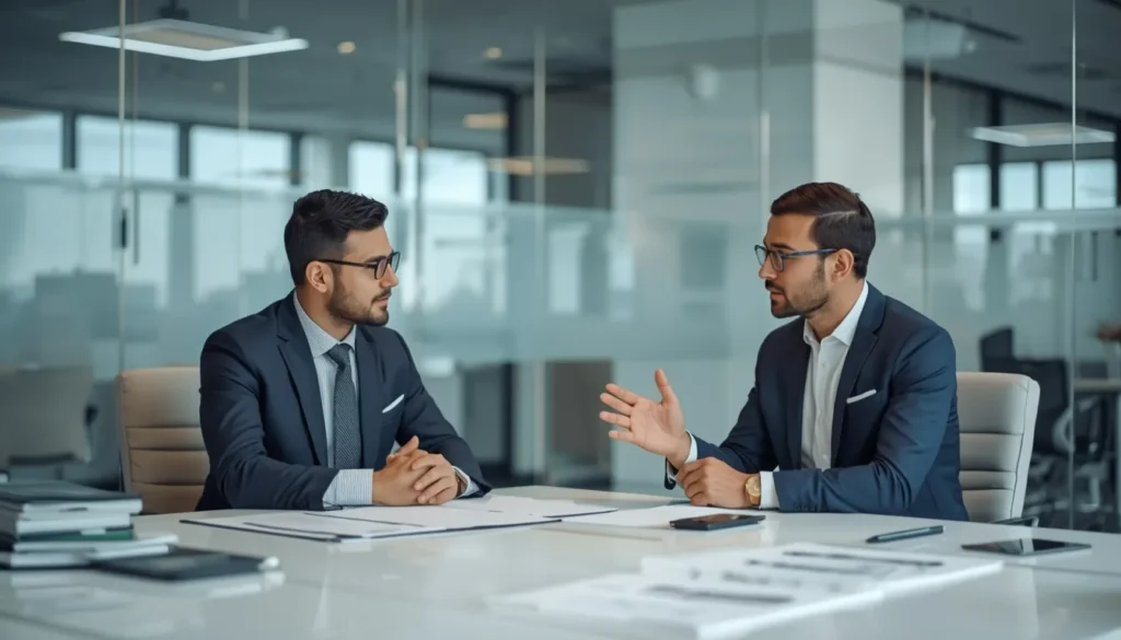 Investor discussing AI business regulations with consultant in Dubai office.