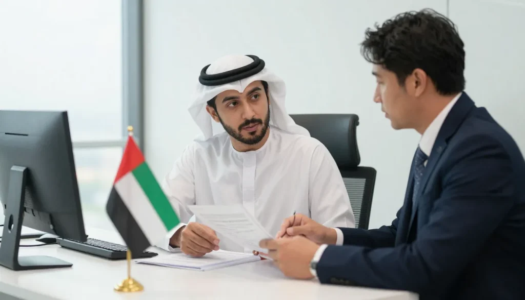 Business consultant advising entrepreneur on legal online company setup in UAE office.