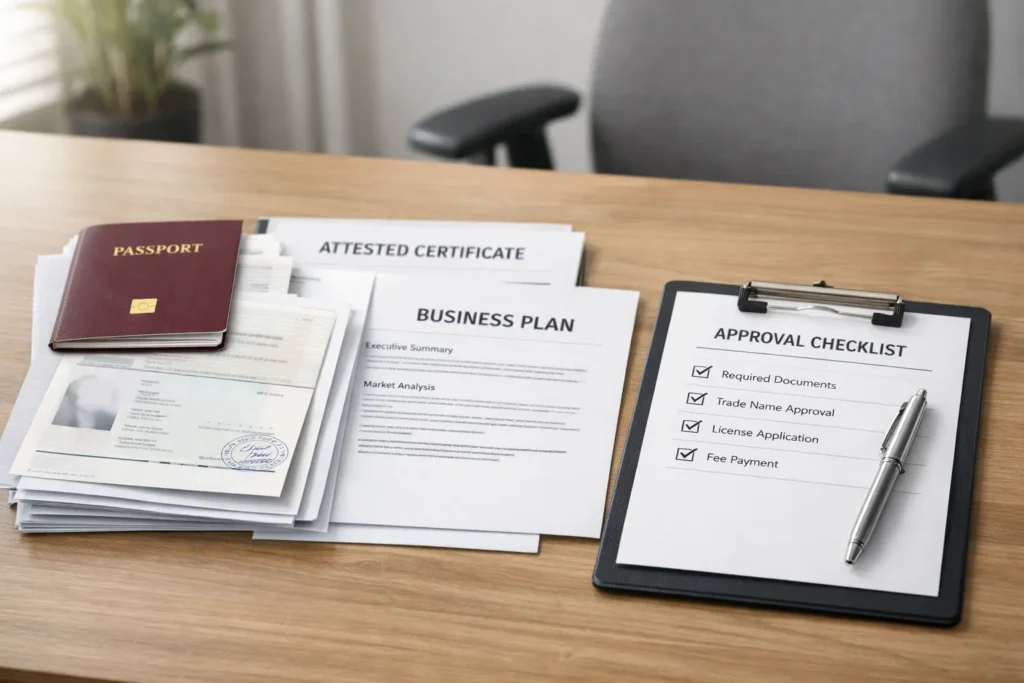 Documents required for professional licence in Dubai including passport, certificates, and business paperwork.