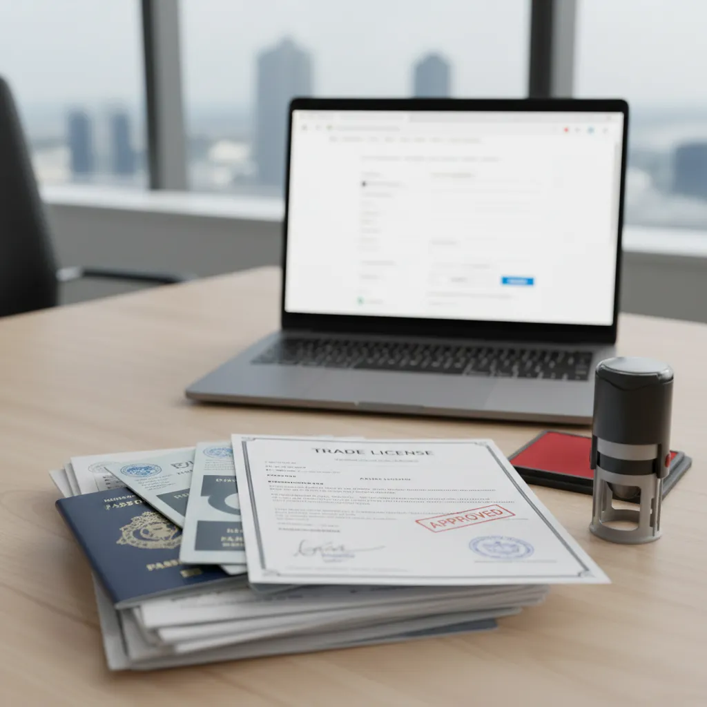 Trade license and business registration documents for company setup in UAE Emirates.