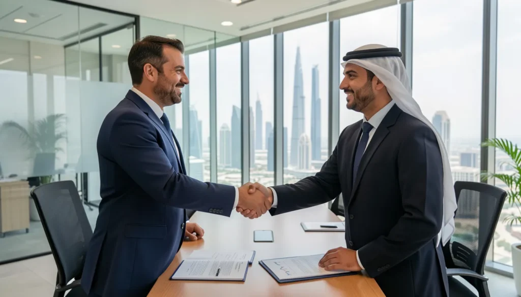 Business professional reviewing local service agent annual fee agreement in Dubai.
