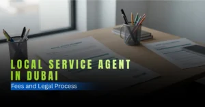 Foreign investor and Emirati representative formalizing local service agent agreement in Dubai office.