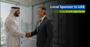 Emirati sponsor and foreign investor shaking hands in Dubai office setting.