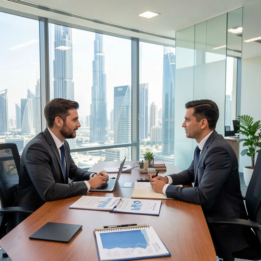 Professional business meeting in a Dubai mainland trading company office, representing direct access to the UAE local market.