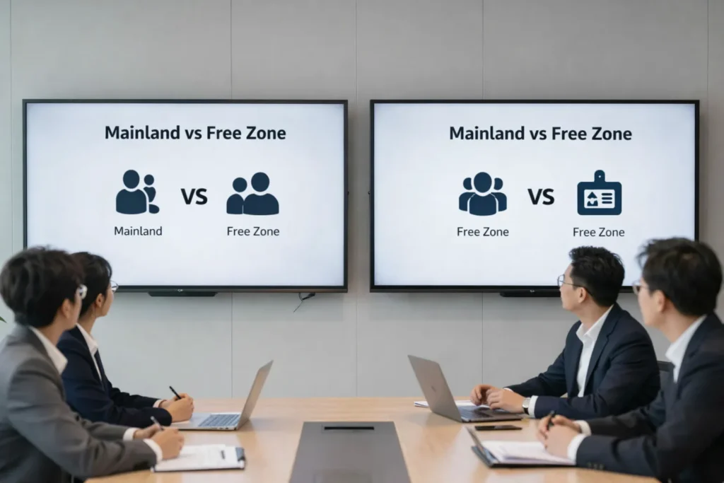 Business consultants reviewing Mainland vs Free Zone company setup comparison in Dubai office.