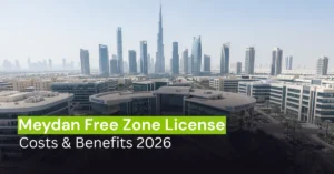 Meydan Free Zone Dubai business district with modern office buildings and corporate environment 2026