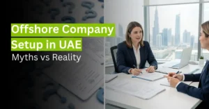 Business consultant clarifying offshore company setup in UAE in a professional corporate office.