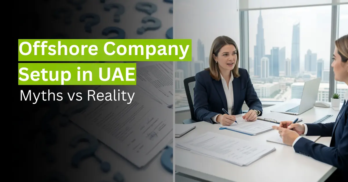 Business consultant clarifying offshore company setup in UAE in a professional corporate office.