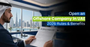 Executive reviewing UAE offshore company incorporation documents with Dubai skyline background.