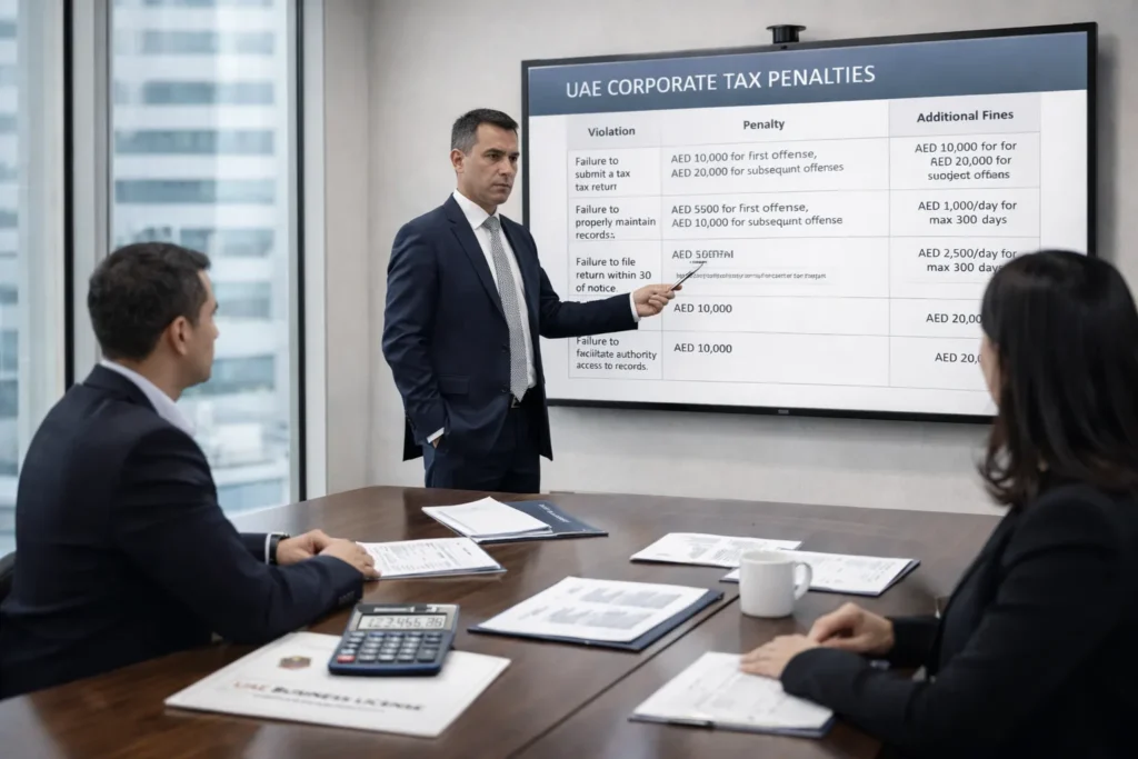Business team reviewing corporate tax penalties and compliance risks in UAE.