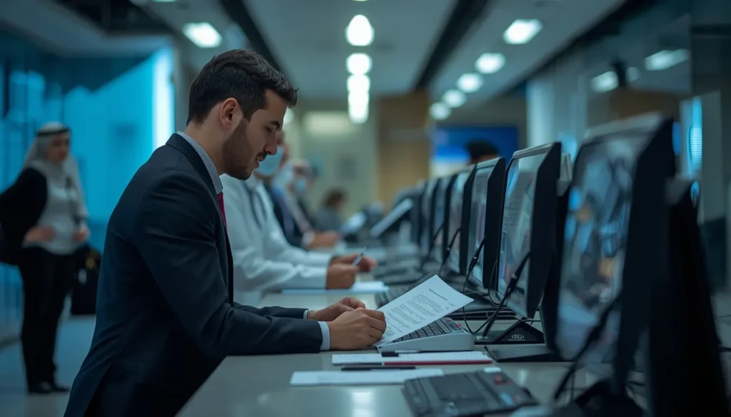 Entrepreneur submitting documents for corporate tax compliance preparation in Dubai service center.