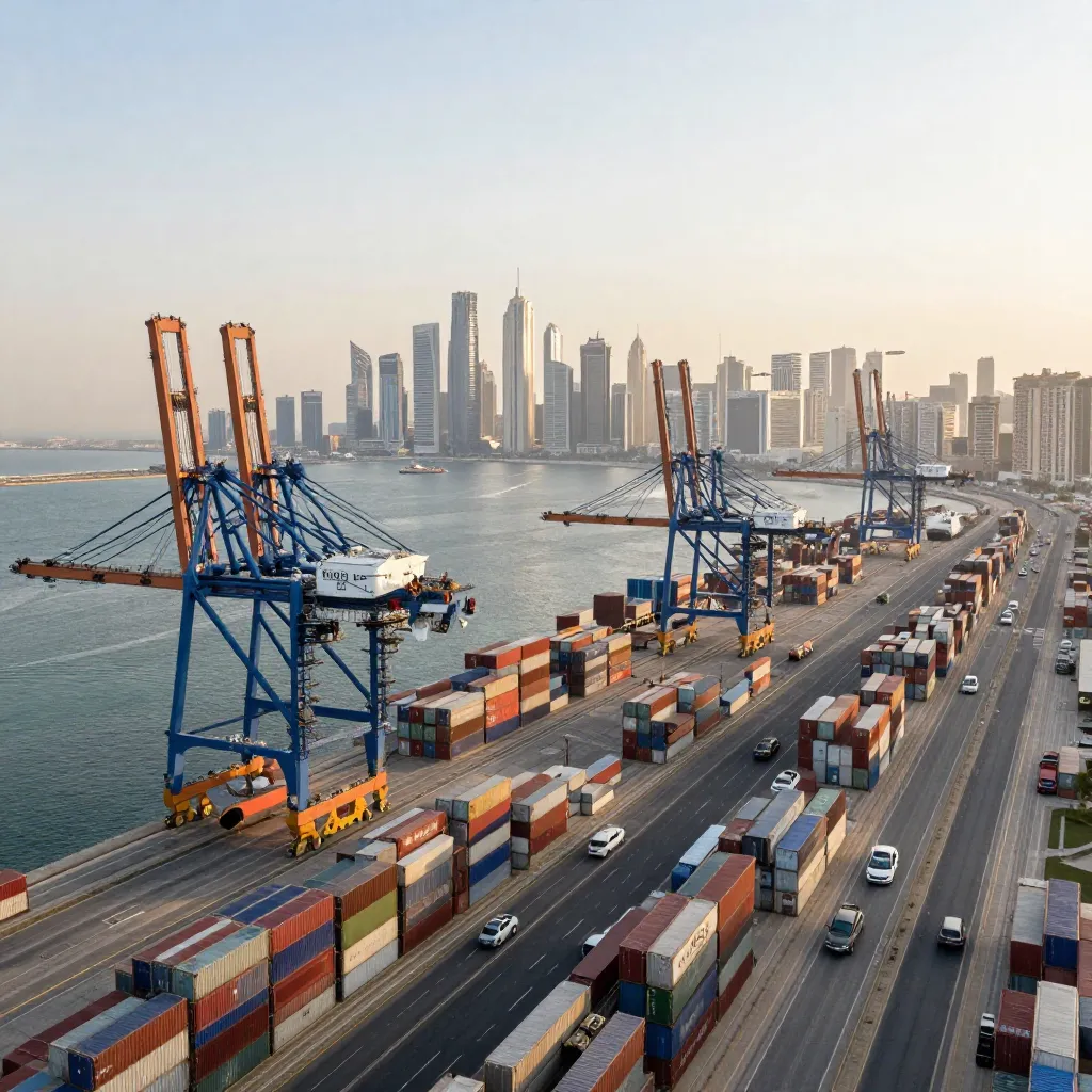 Aerial view of Dubai financial district and logistics infrastructure showing global trade connectivity.