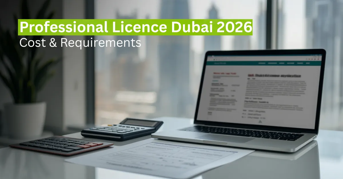 Professional Licence Dubai 2026 documents with passport and business registration setup in modern Dubai office.