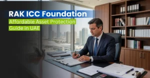 Executive reviewing RAK ICC Foundation charter documents in modern UAE office.