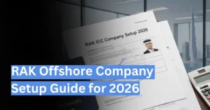 RAK offshore company setup documents with passport and calculator on clean corporate desk.