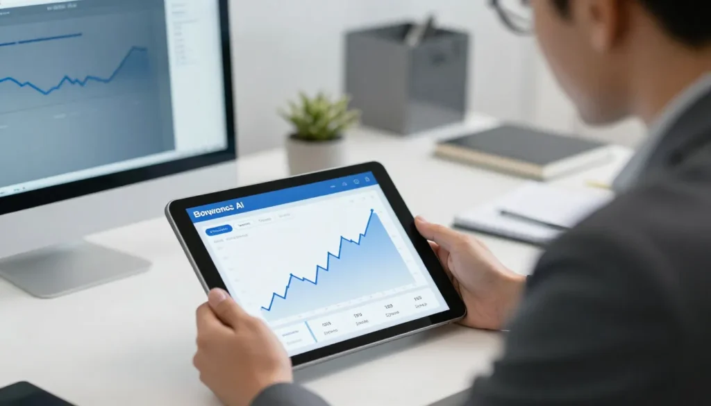 Corporate investor analyzing AI return on investment growth metrics.