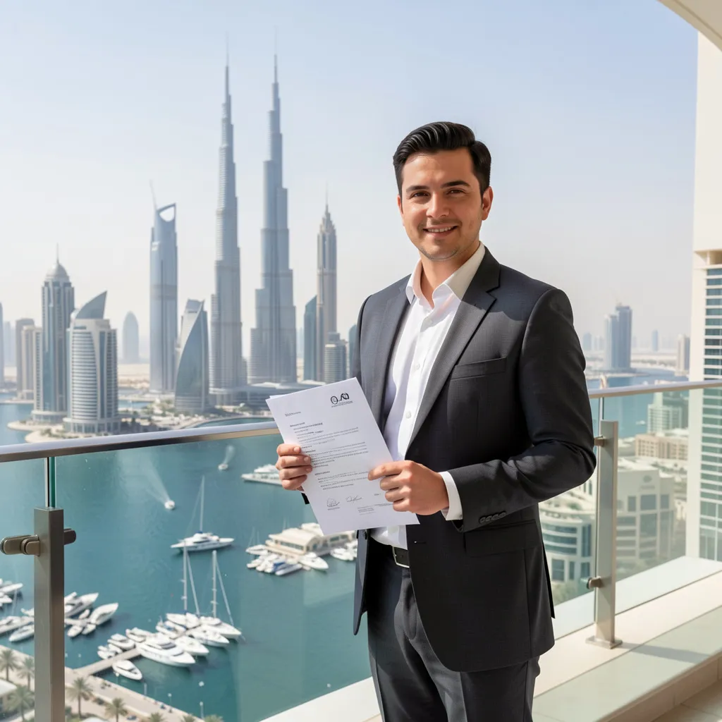 Dubai real estate investment scene showing modern buildings and property documents, highlighting property investment opportunities in the UAE.