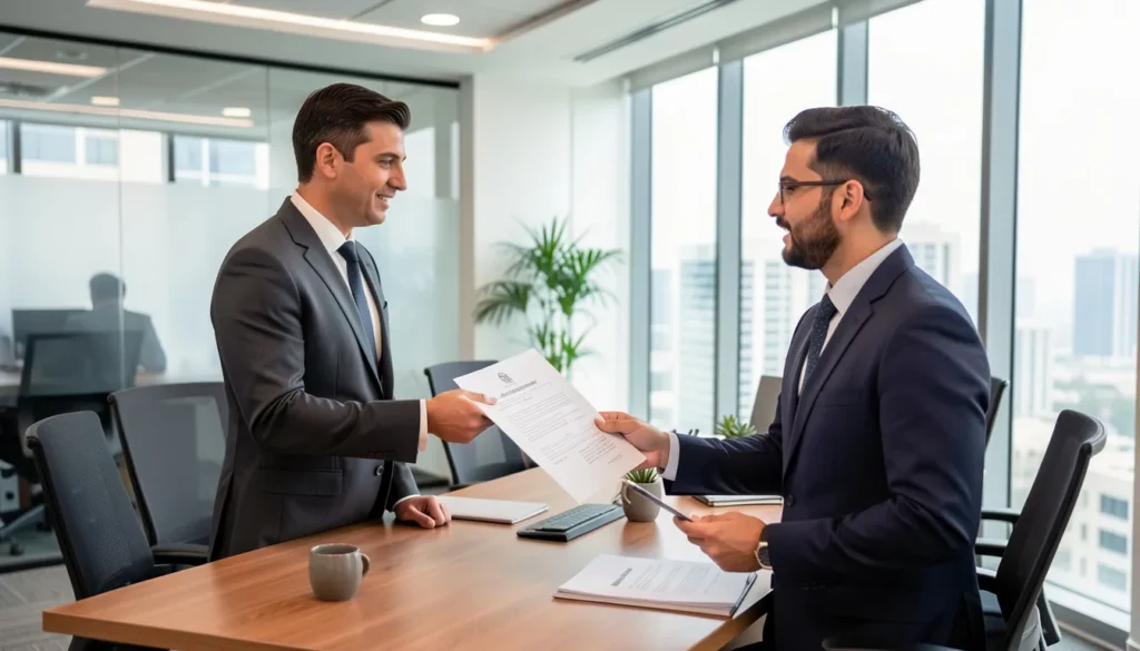 Corporate manager submitting UBO compliance documents in UAE office.