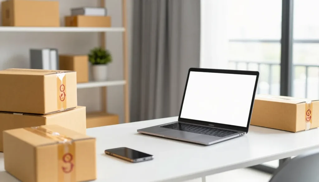 Professional managing online business from modern home office in UAE.