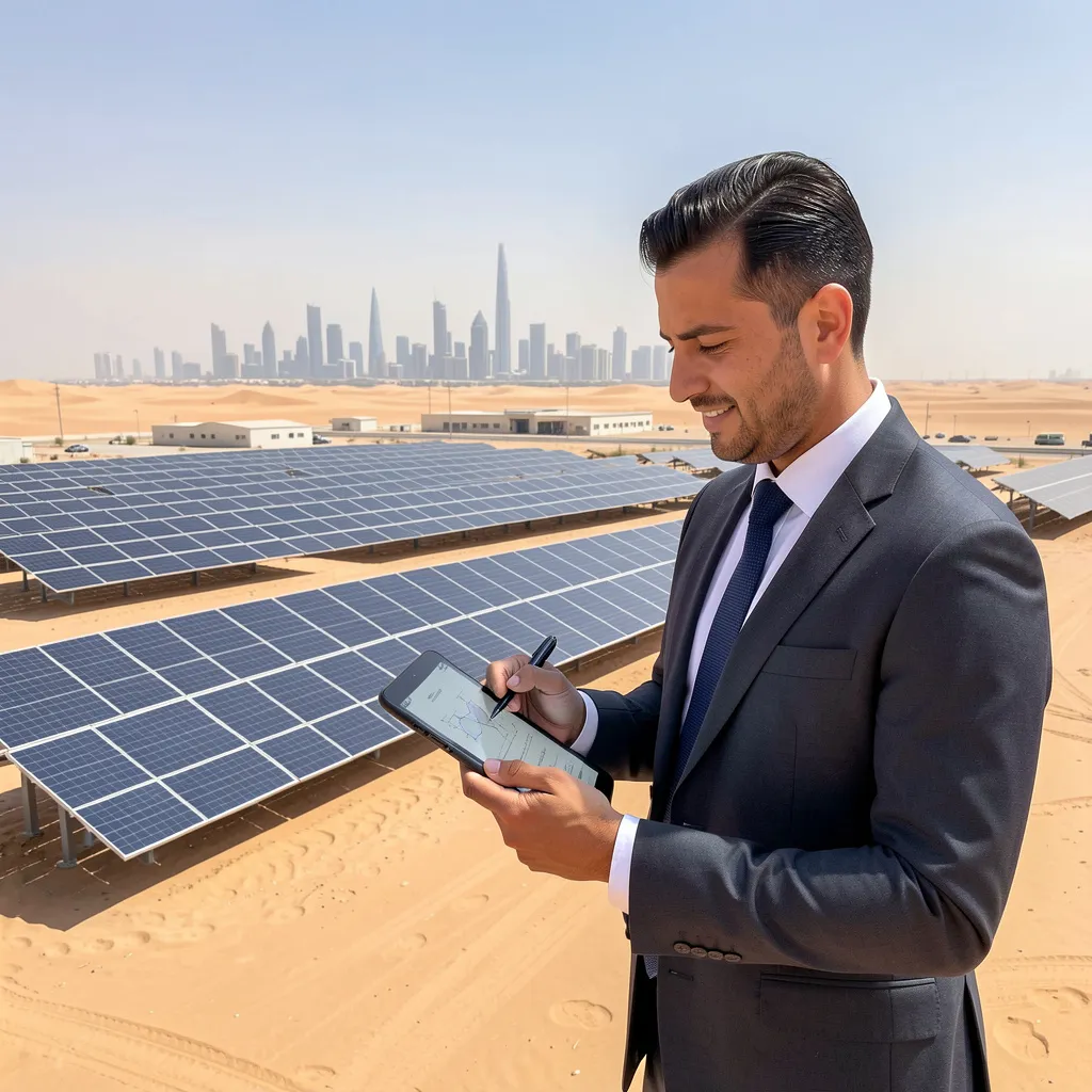Renewable energy investment scene with solar panels in the UAE, highlighting fast-growing sustainability industries in 2026.