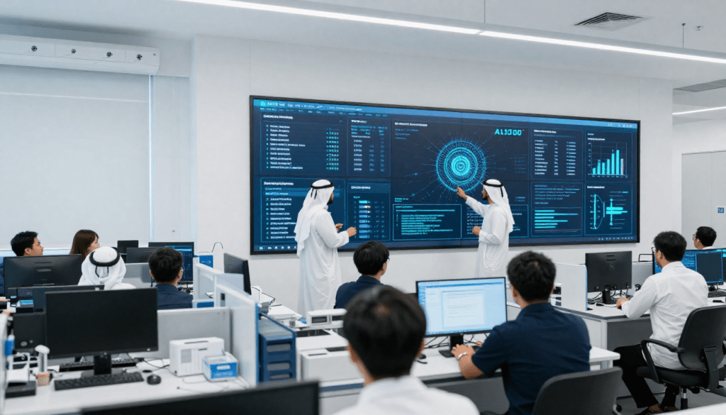 Business team working in Dubai innovation lab analyzing AI and digital data.
