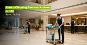 Professional cleaning team working inside modern commercial building in Dubai.