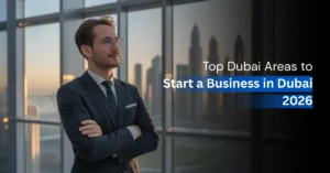 Entrepreneur planning business expansion while overlooking Dubai skyline.
