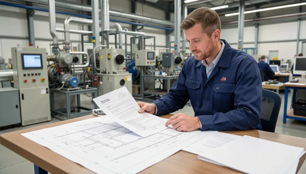 Factory manager reviewing industrial license application documents.