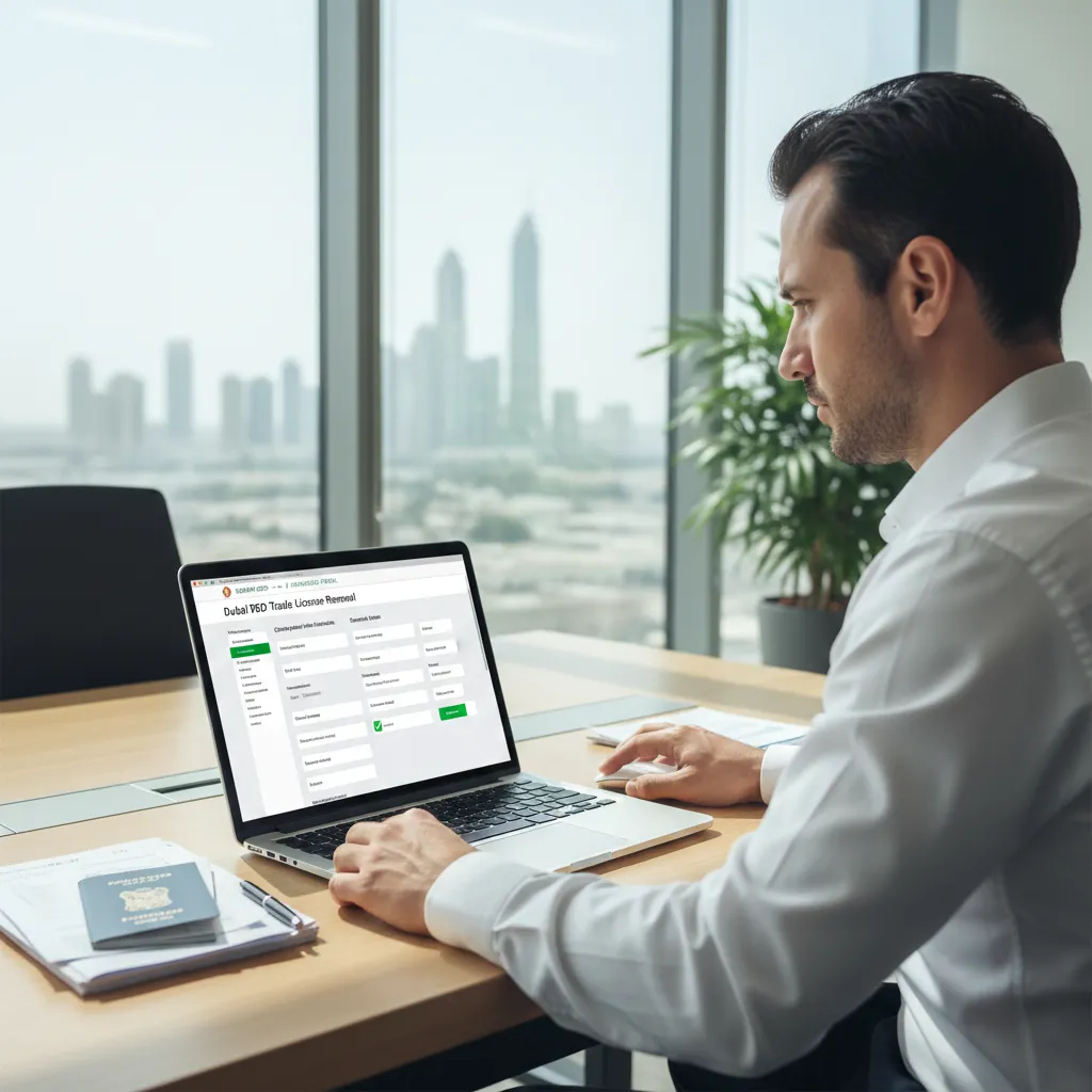 Entrepreneur submitting online trade license renewal application in Abu Dhabi.
