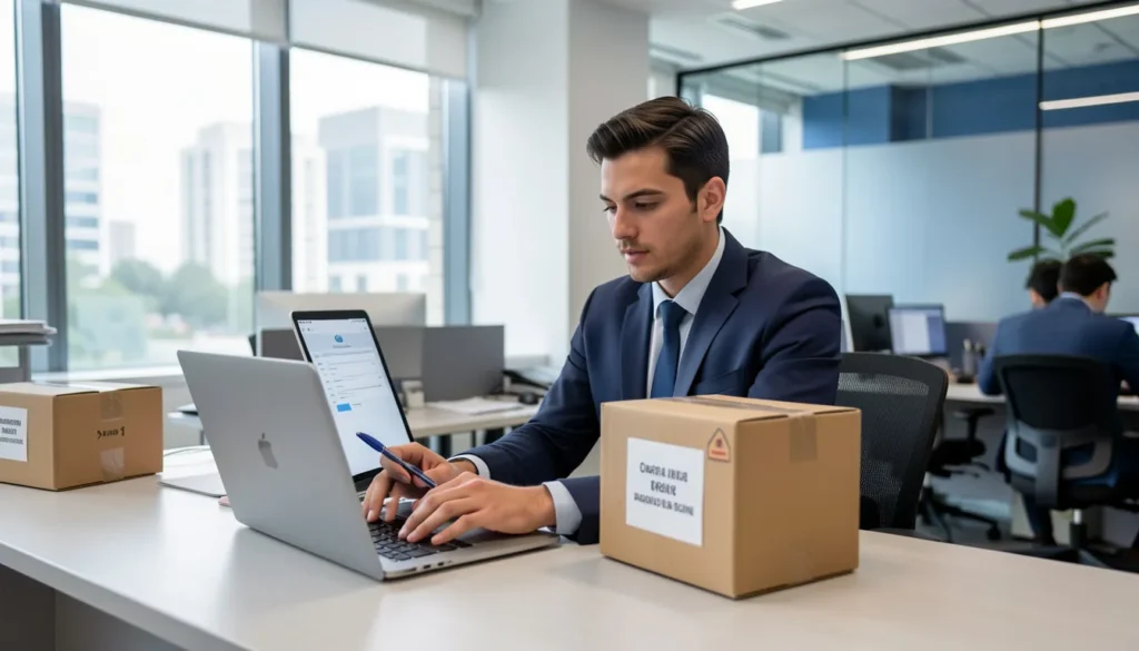 Entrepreneur registering and preparing products for Amazon Business UAE setup.