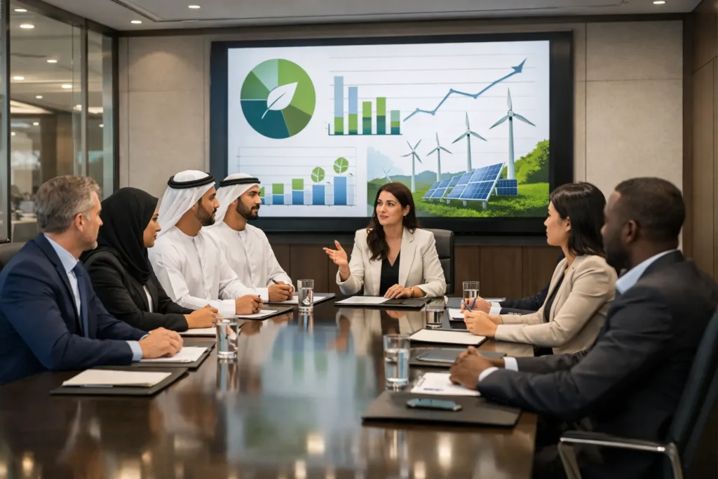 Corporate sustainability team discussing renewable energy strategy in UAE office.