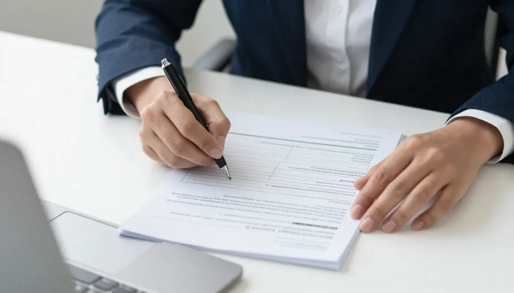 Executive reviewing branch office registration documents in Dubai office.