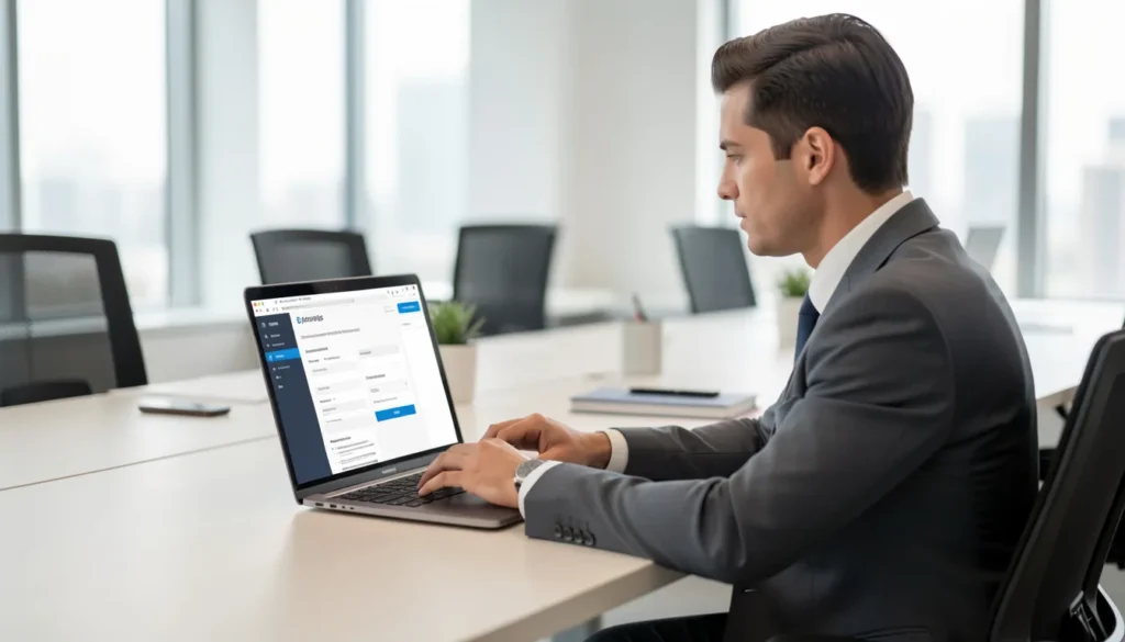 Business professional submitting DMCC company registration application online.