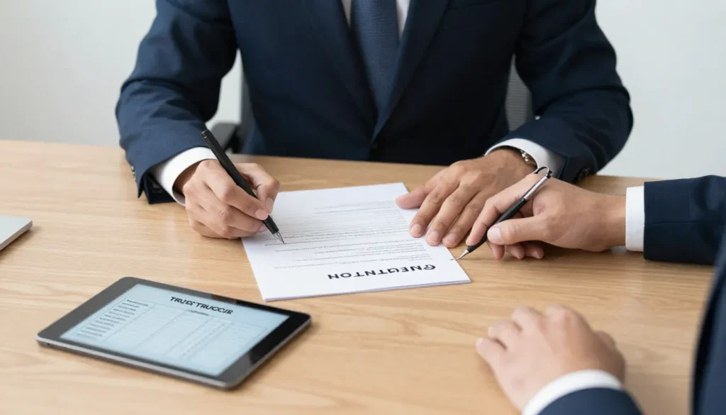 Signing and reviewing family trust registration documents in UAE office.