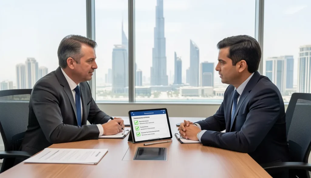 Business owner consulting official about Dubai trade license renewal approval process.