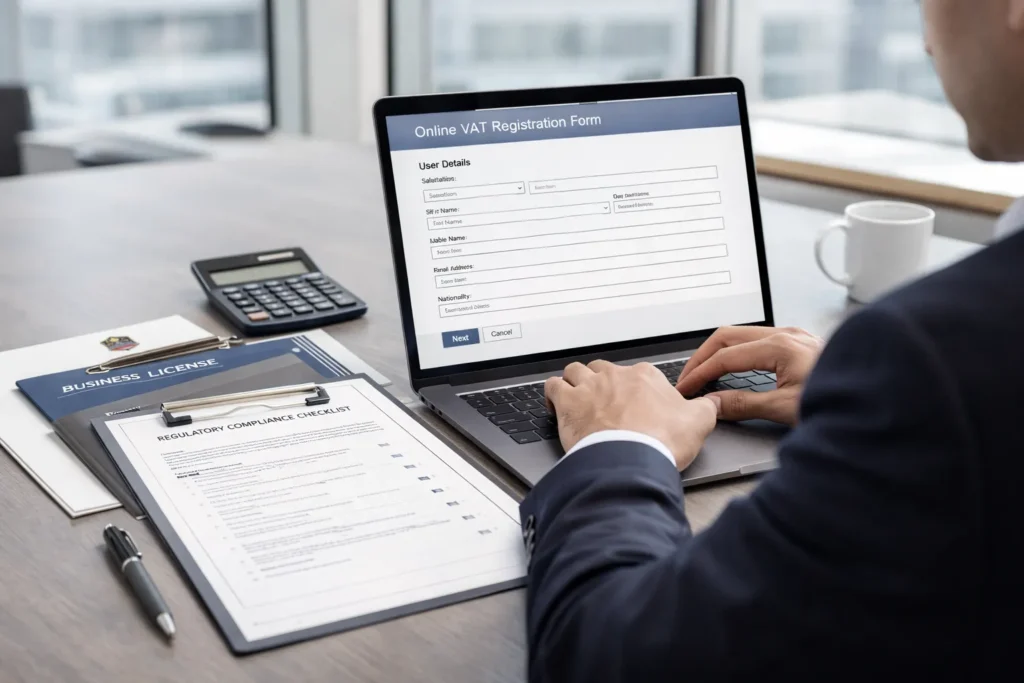 Business owner submitting VAT registration application online in UAE office.