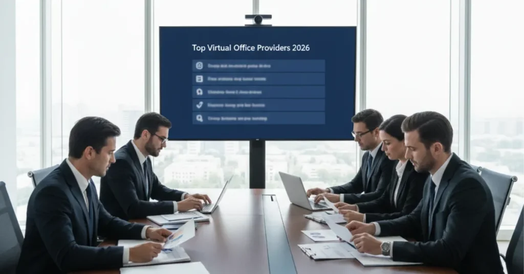 Business professionals reviewing virtual office provider options in modern Dubai meeting room.